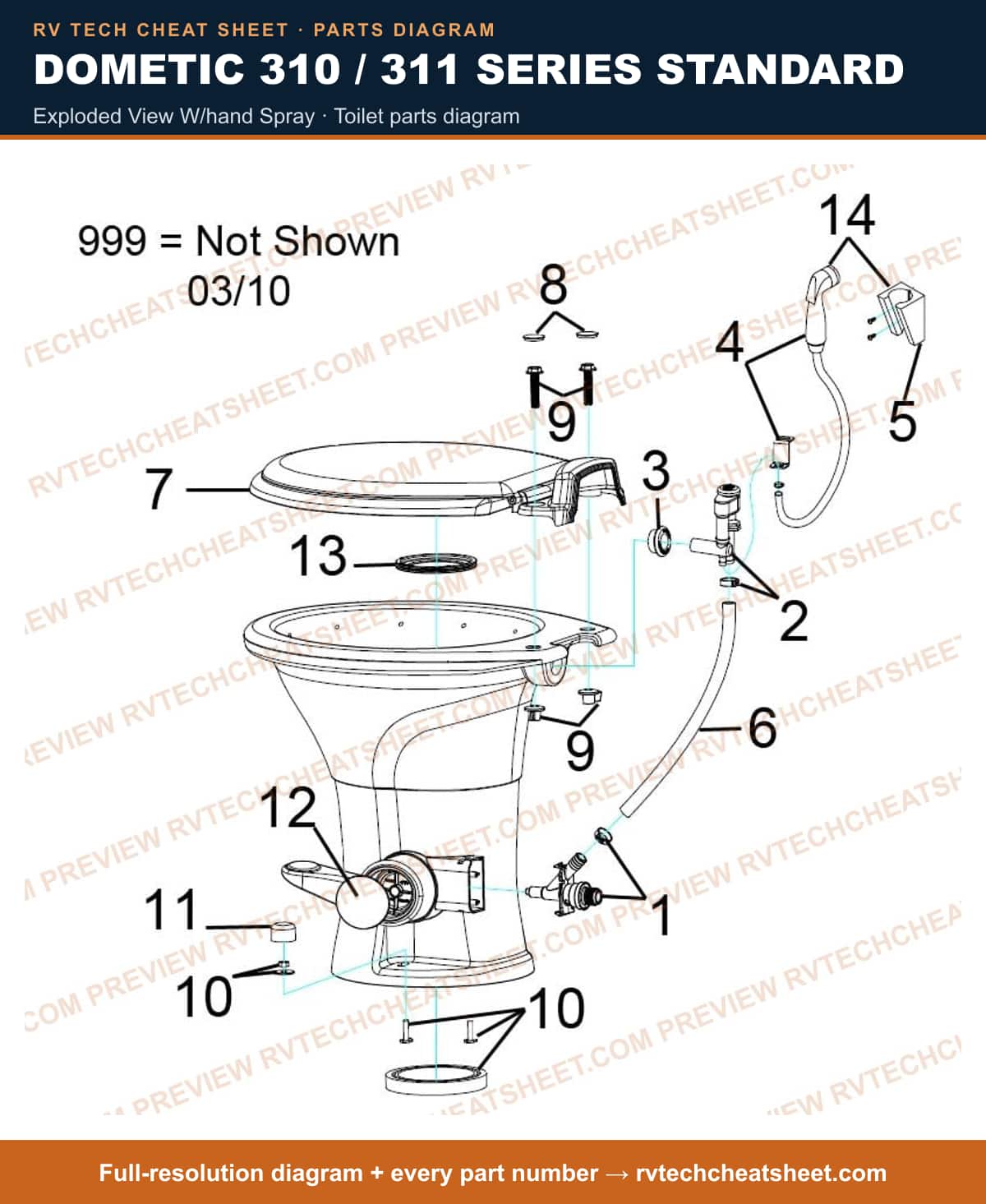 Dometic 310 / 311 Series Standard exploded view w/hand spray — exploded parts diagram 2 of 3