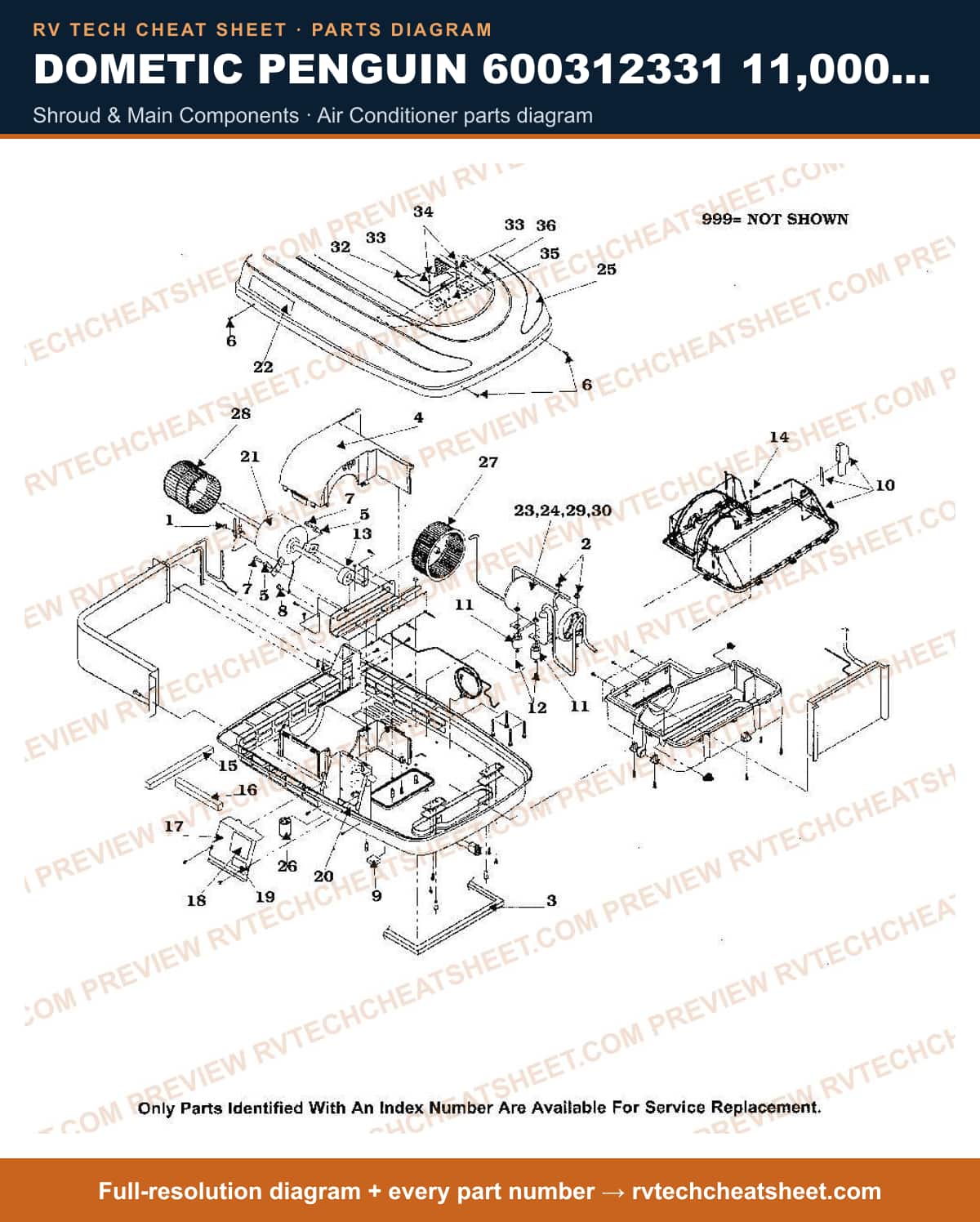 Dometic Penguin 600312331 11,000 BTU shroud & main components — exploded parts diagram