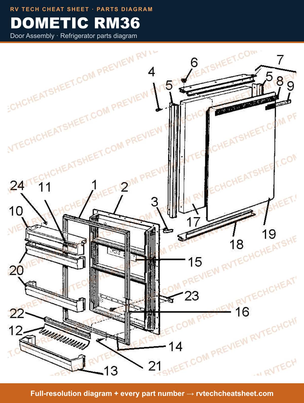 Dometic RM36 door assembly — parts list sheet