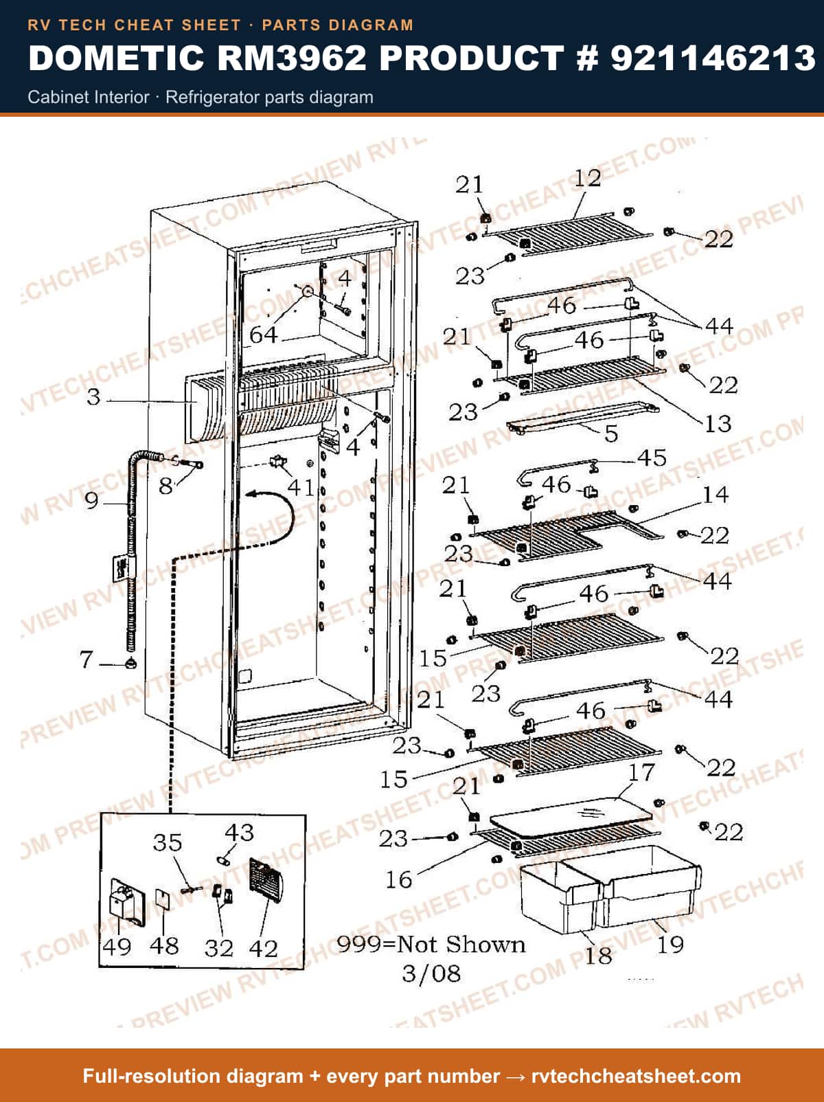 Dometic RM3962 Product # 921146213 cabinet interior — parts list sheet