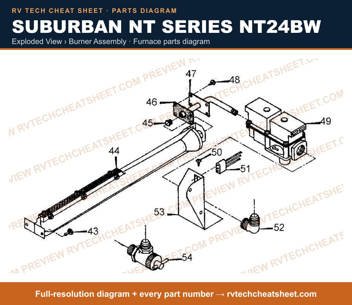 Suburban Nt Series NT24BW exploded view › burner assembly — exploded parts diagram