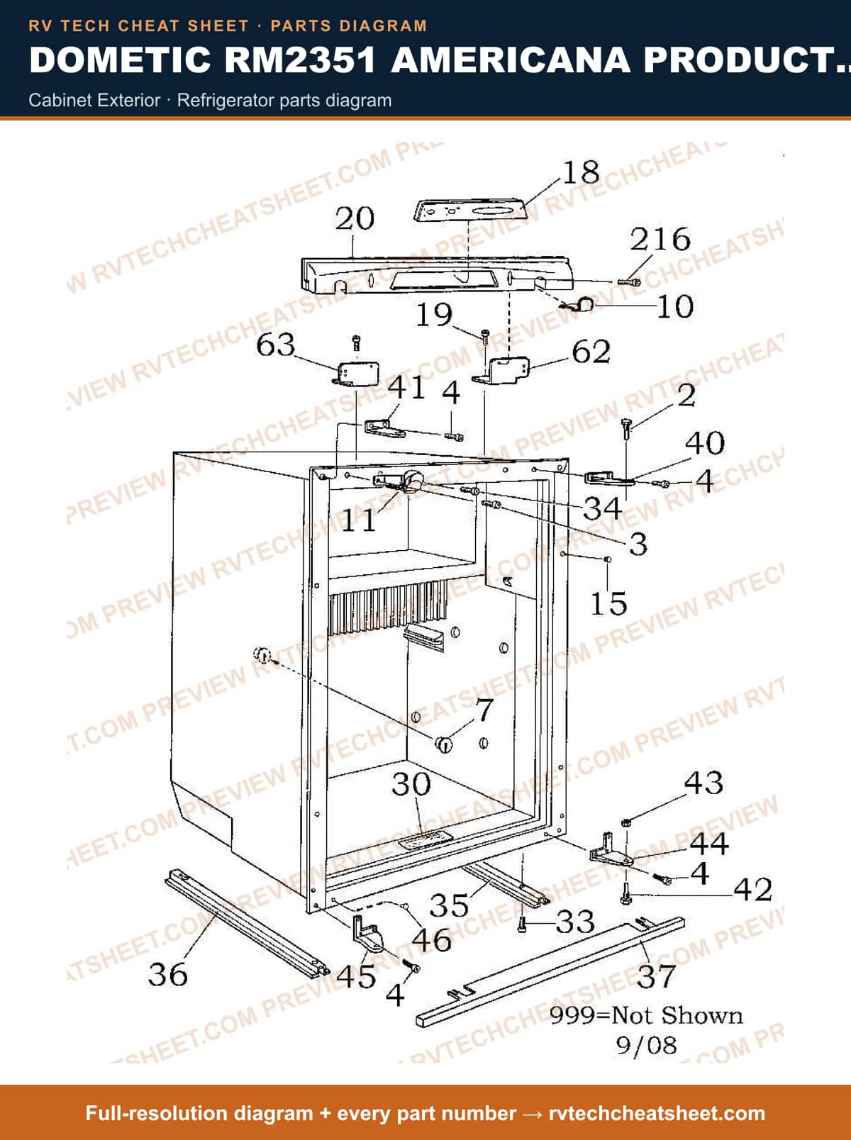 Dometic RM2351 Americana Product # 921145037 Brown cabinet exterior — parts list sheet