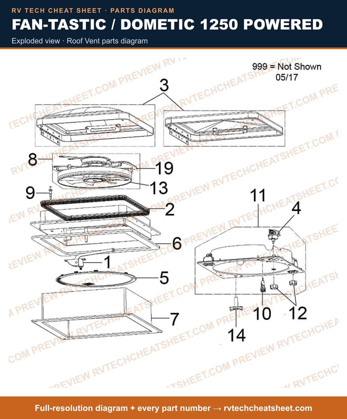 Fan-Tastic / Dometic 1250 Powered exploded view — exploded parts diagram 1 of 2