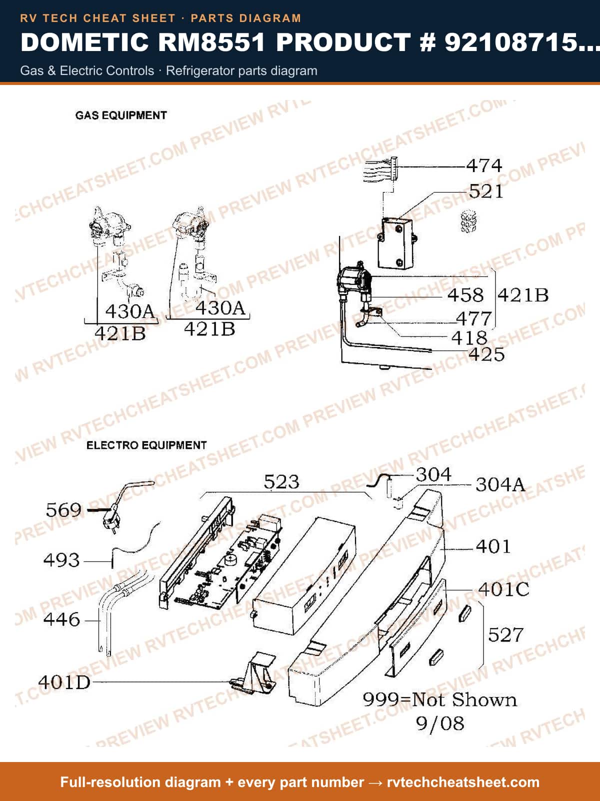 Dometic RM8551 Product # 921087155 Black gas & electric controls — parts list sheet