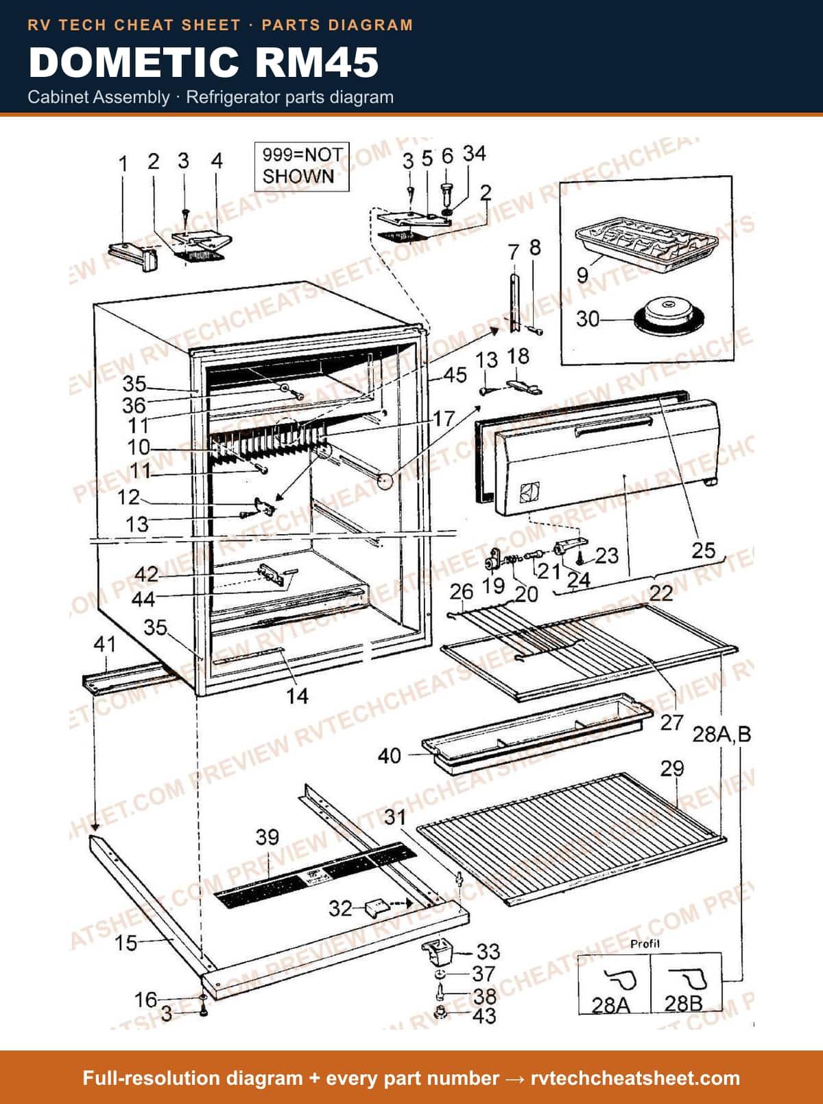 Dometic RM45 cabinet assembly — parts list sheet
