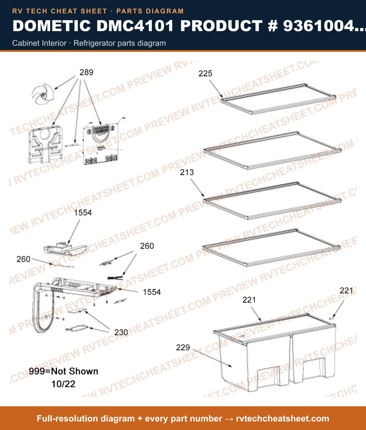 Dometic DMC4101 Product # 936100409 cabinet interior — parts list sheet