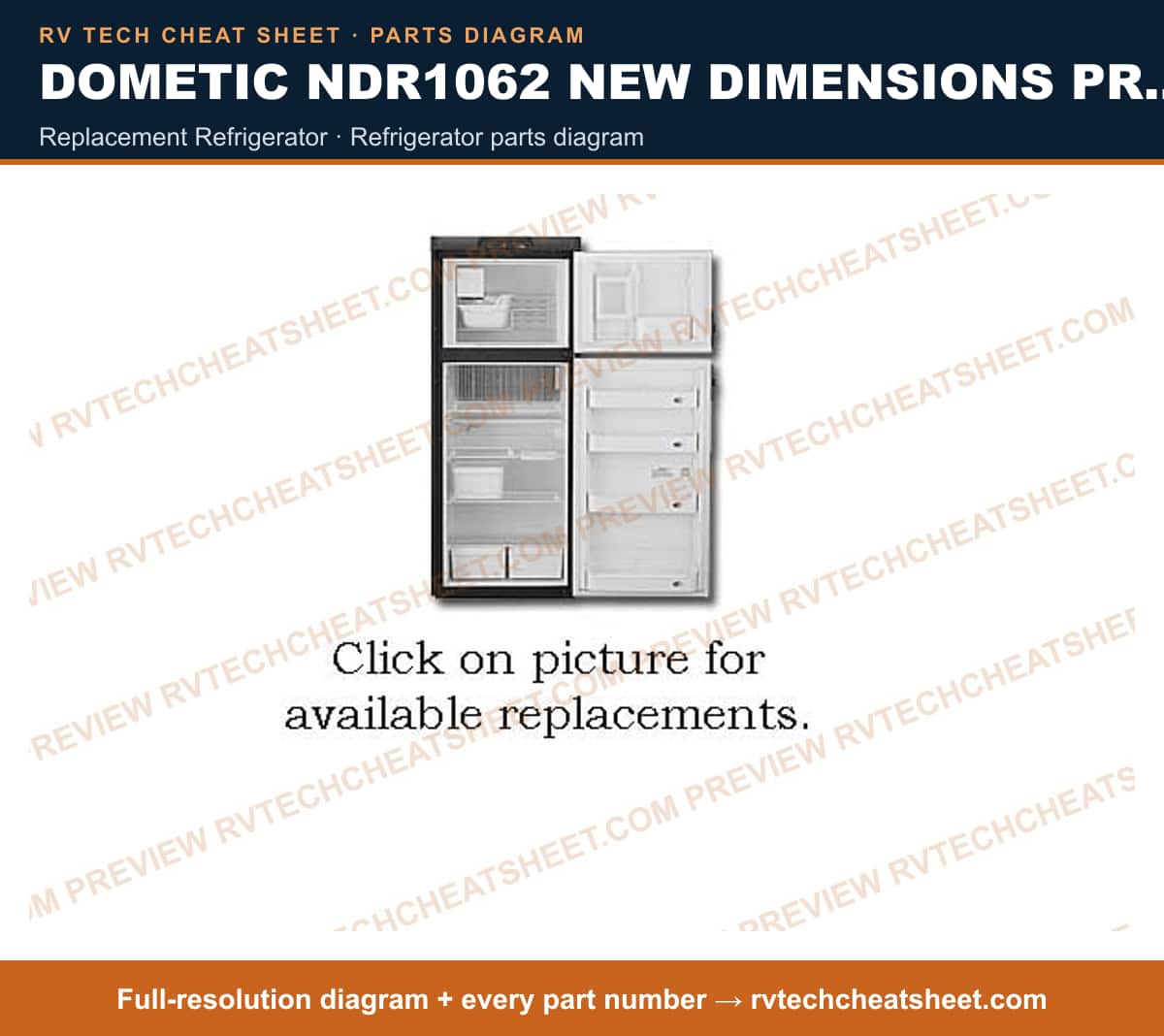 Dometic NDR1062 New Dimensions Product # 921146166 Black replacement refrigerator — parts list sheet