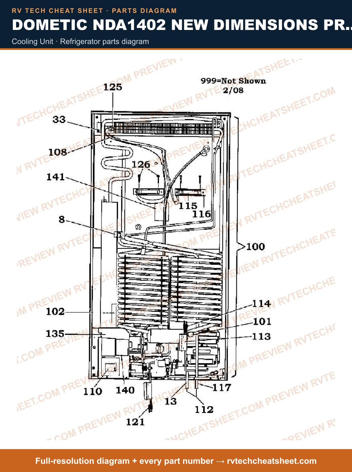 Dometic NDA1402 New Dimensions Product # 921148413 Stainless cooling unit — parts list sheet