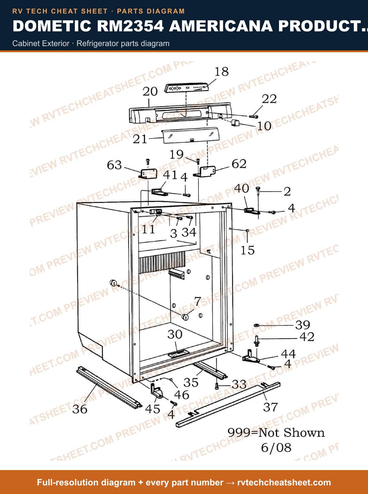 Dometic RM2354 Americana Product # 921145052 Black cabinet exterior — parts list sheet