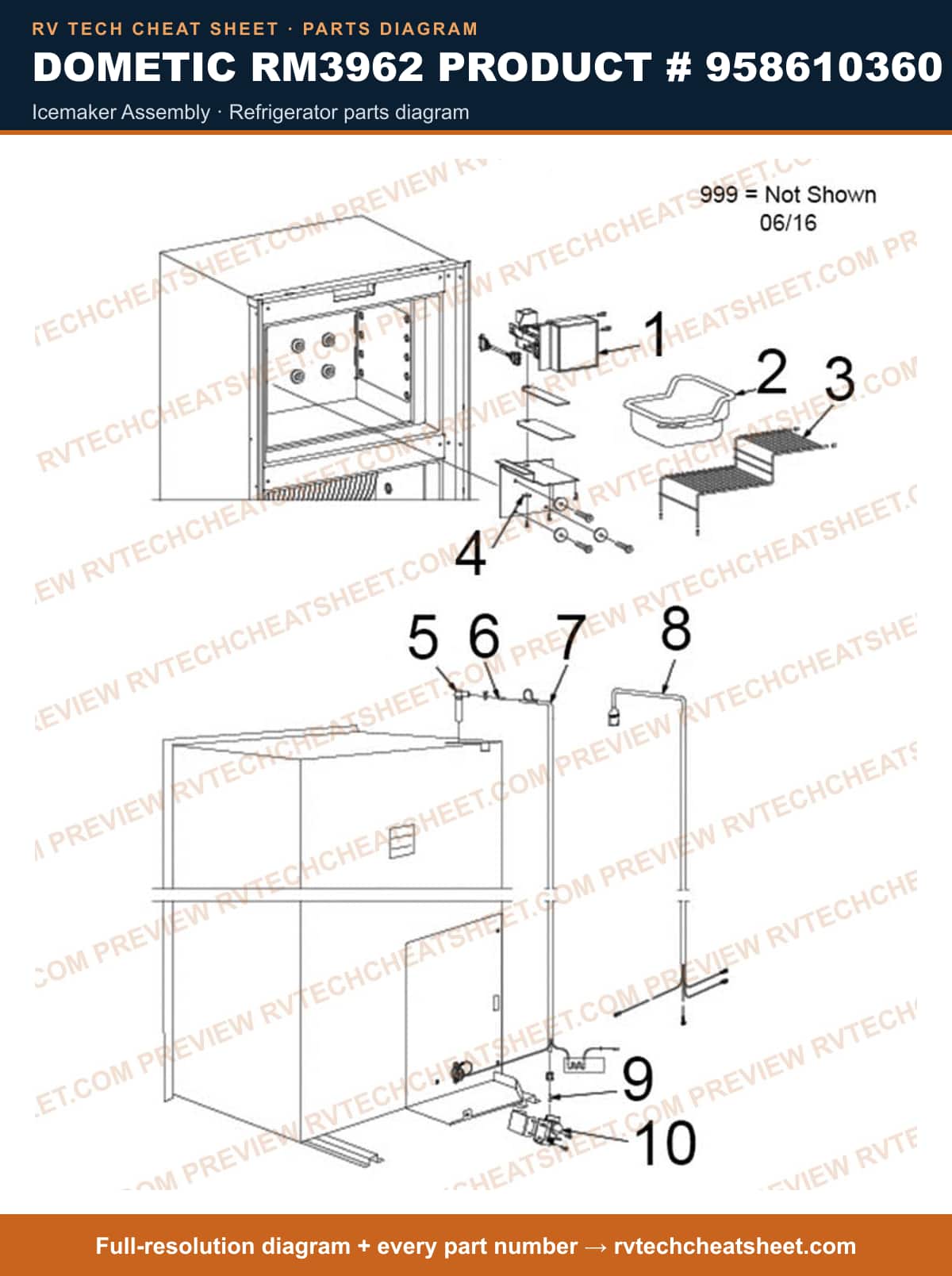 Dometic RM3962 Product # 958610360 icemaker assembly — parts list sheet