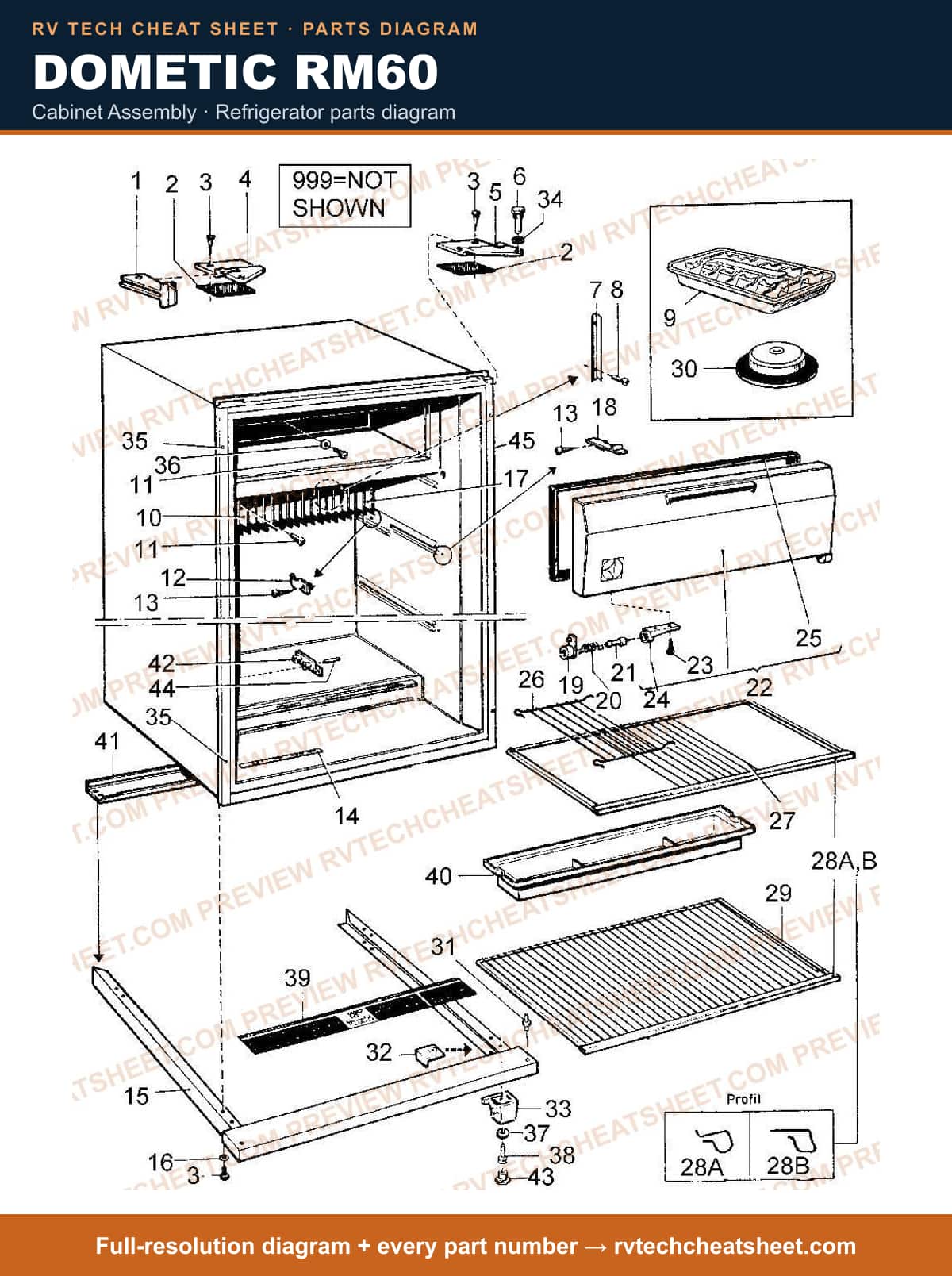 Dometic RM60 cabinet assembly — parts list sheet