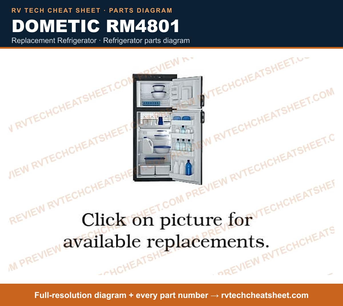 Dometic RM4801 replacement refrigerator — parts list sheet