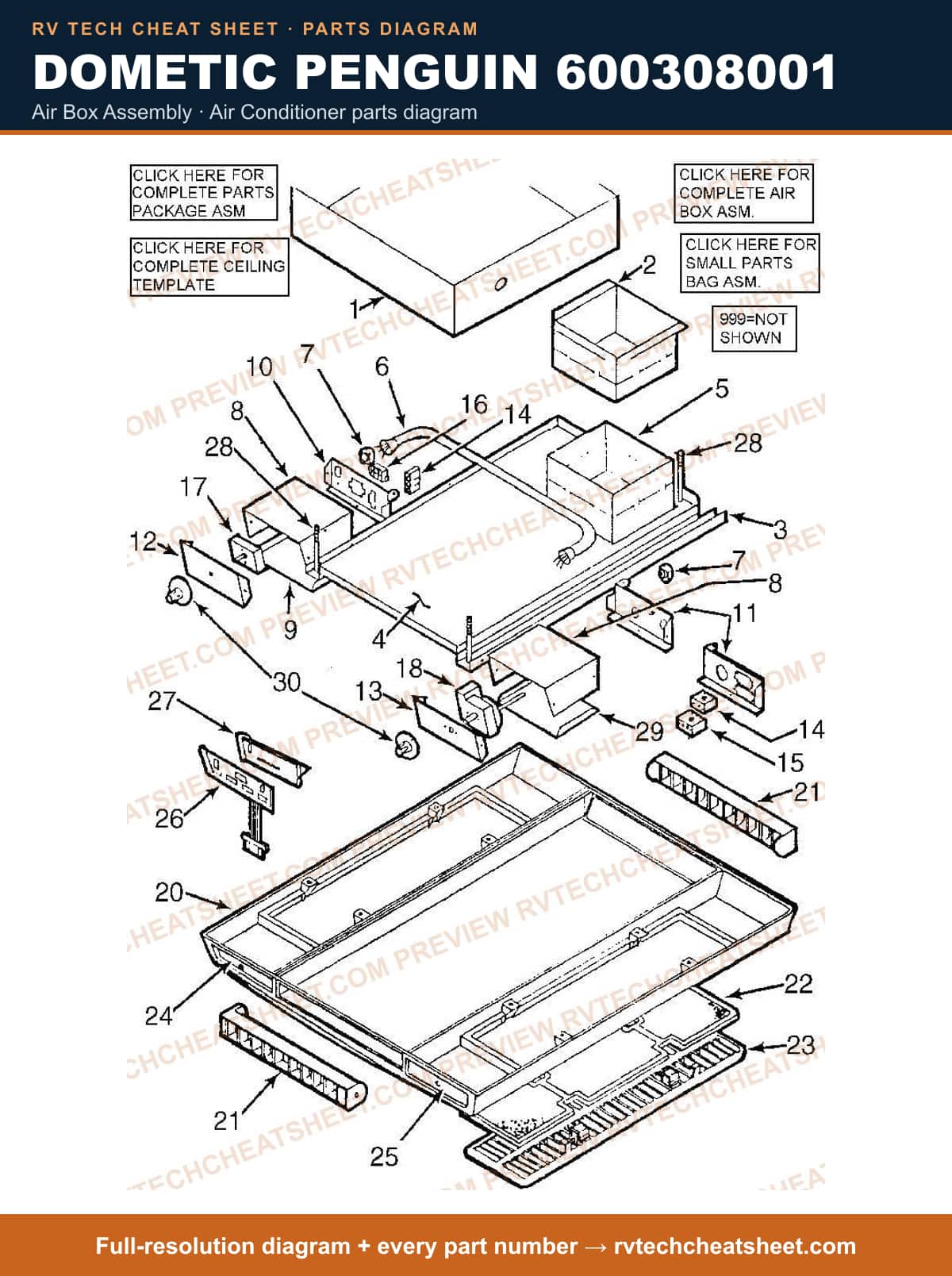 Dometic Penguin 600308001 air box assembly — parts list sheet 1 of 2