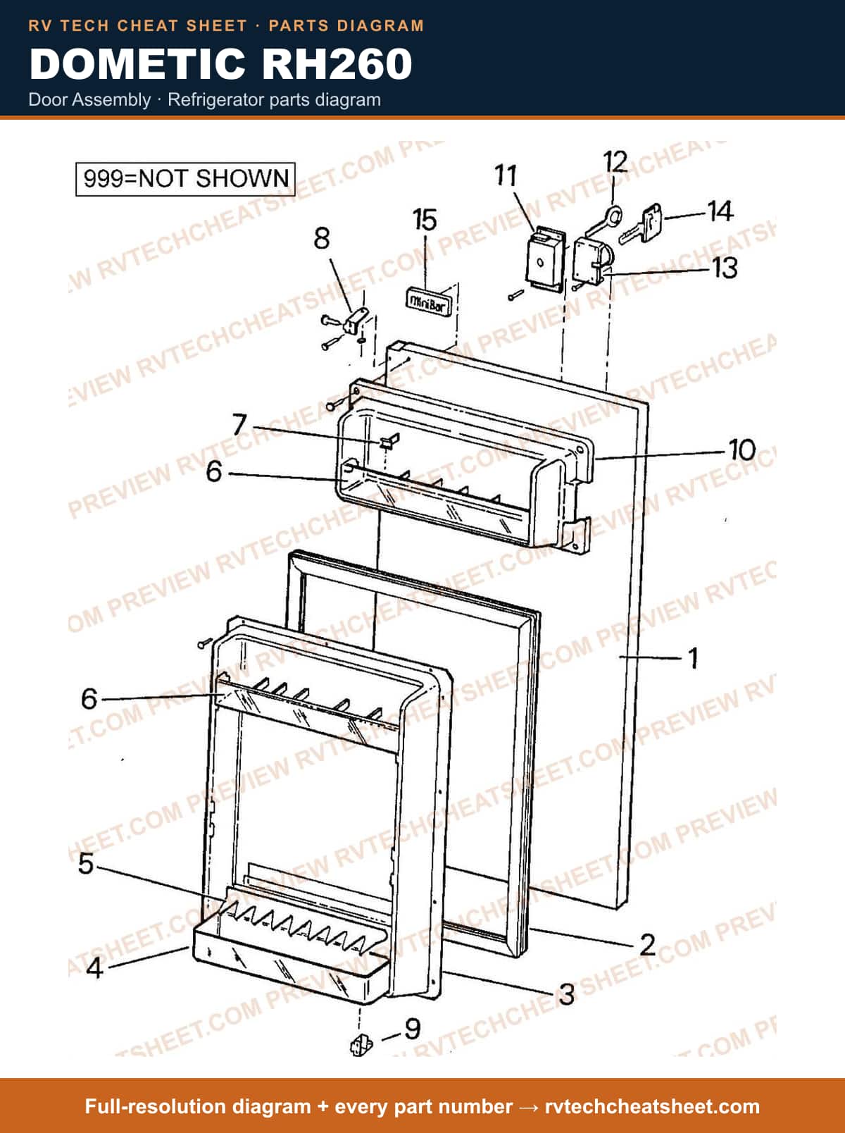 Dometic RH260 door assembly — parts list sheet