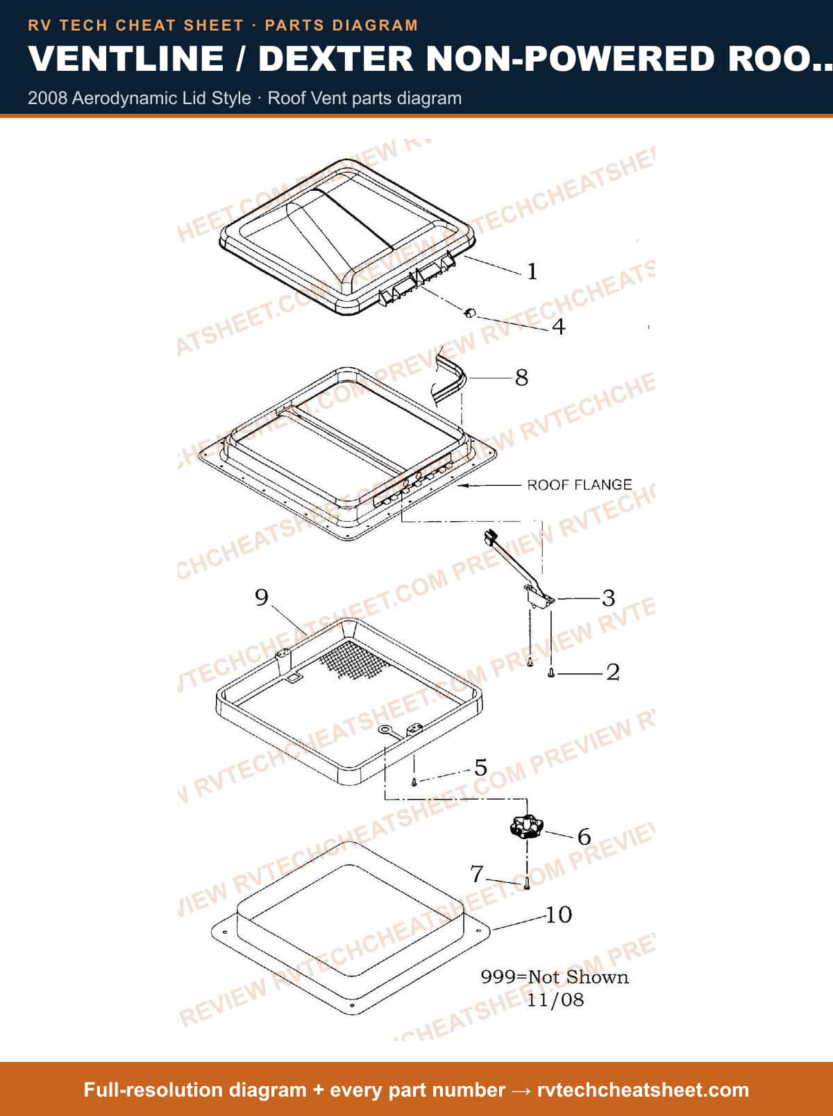 Ventline / Dexter Non-powered Roof Vents V2092 Series 2008 aerodynamic lid style — parts list sheet 2 of 3