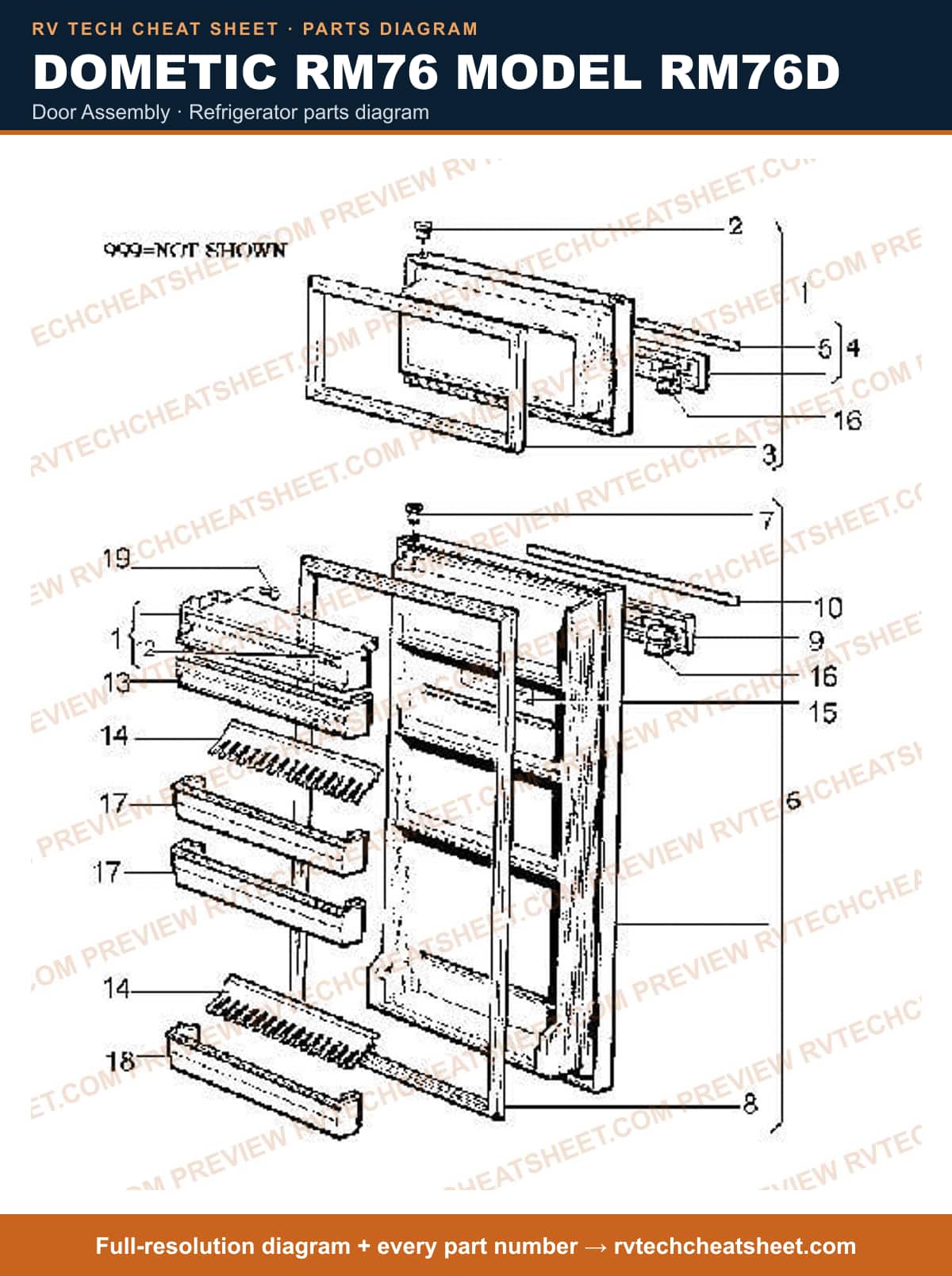 Dometic RM76 Model RM76D door assembly — parts list sheet