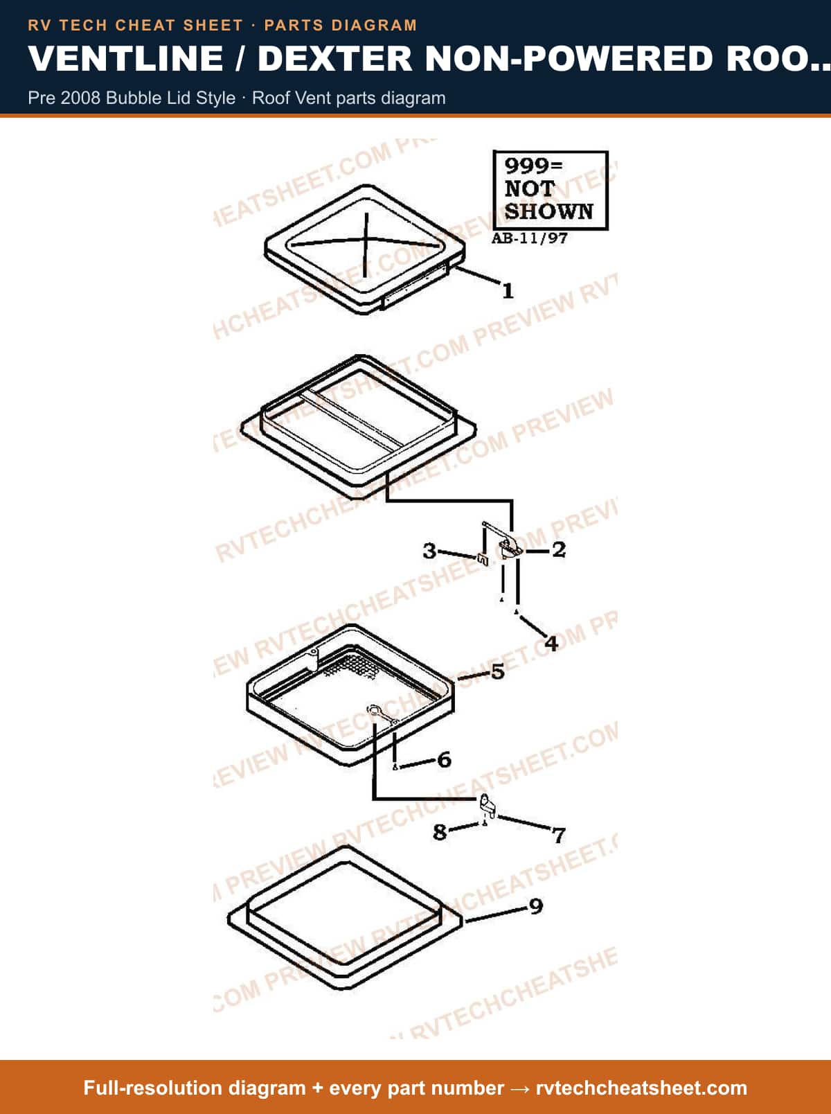 Ventline / Dexter Non-powered Roof Vents V2092 Series pre 2008 bubble lid style — parts list sheet 2 of 3