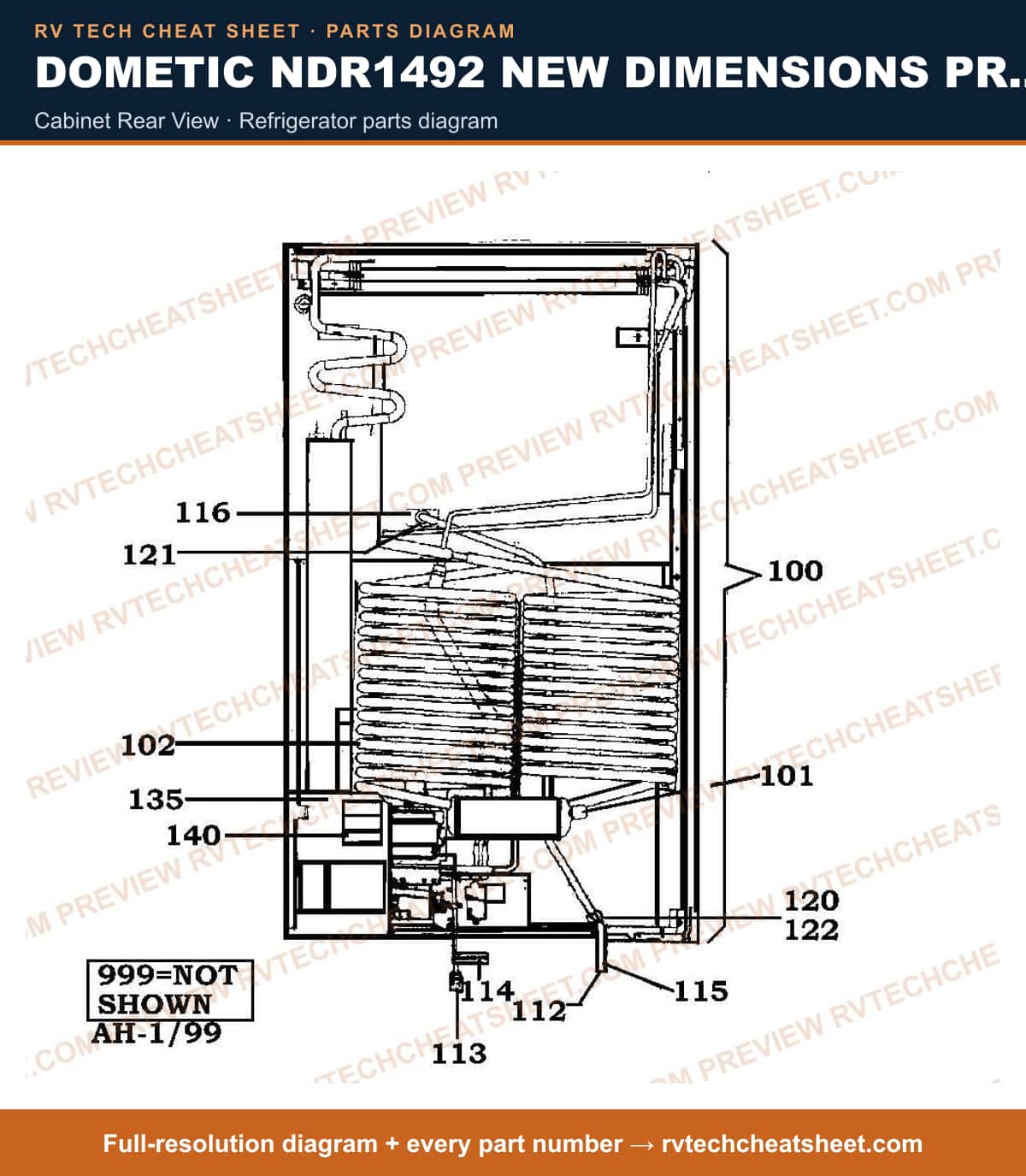 Dometic NDR1492 New Dimensions Product # 921148021 Black cabinet rear view — parts list sheet