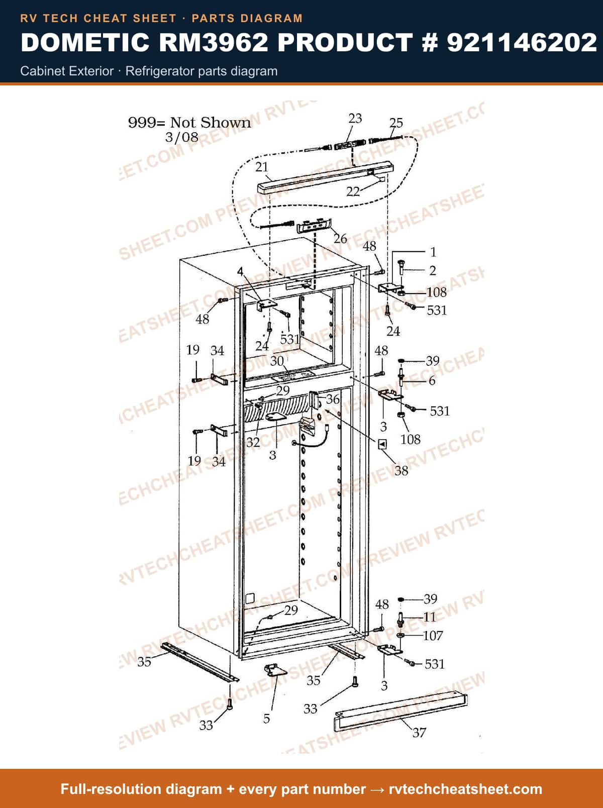 Dometic RM3962 Product # 921146202 cabinet exterior — parts list sheet