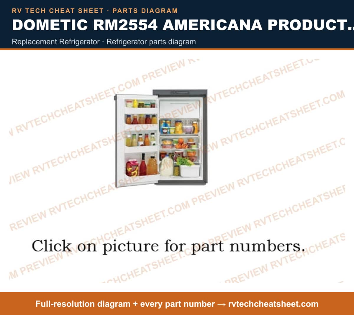 Dometic RM2554 Americana Product # 921142018 Beige replacement refrigerator — parts list sheet