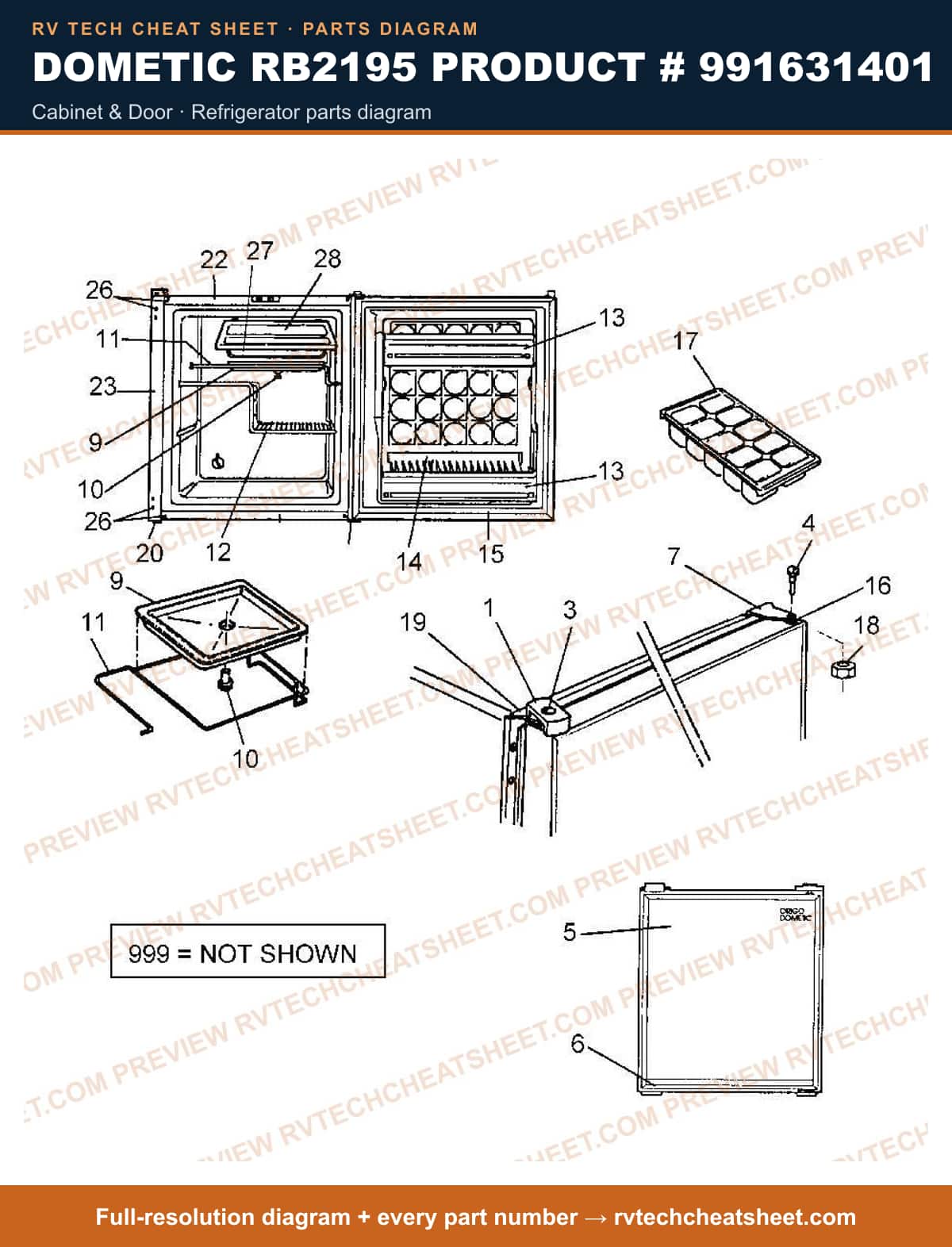 Dometic RB2195 Product # 991631401 cabinet & door — exploded parts diagram