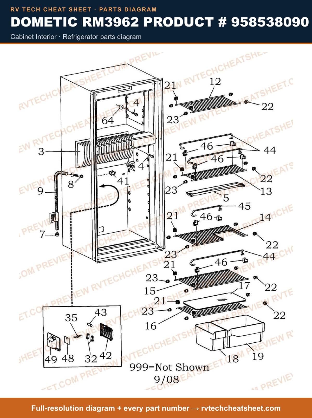 Dometic RM3962 Product # 958538090 cabinet interior — parts list sheet