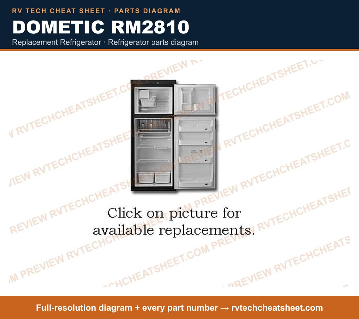 Dometic RM2810 replacement refrigerator — parts list sheet