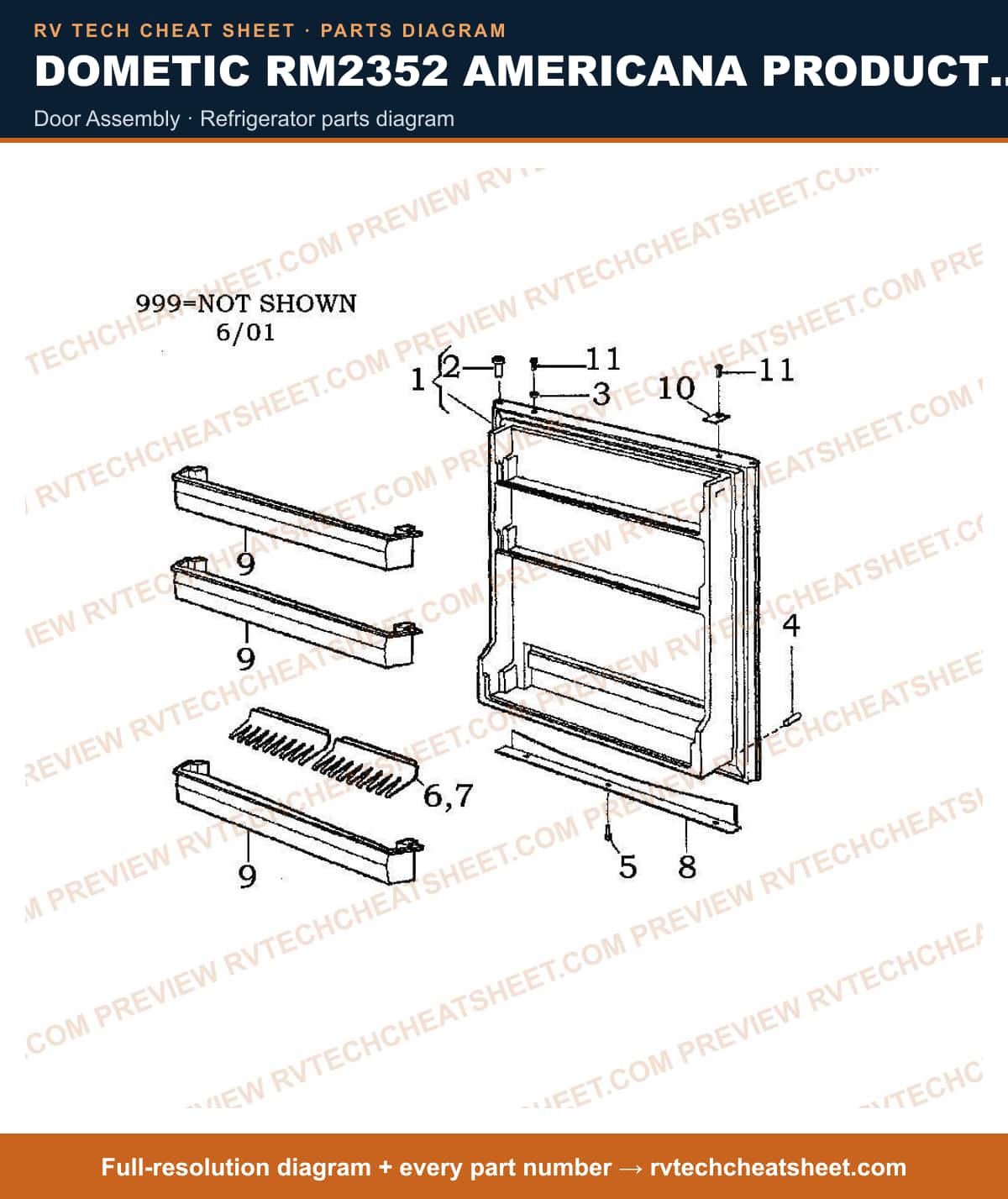 Dometic RM2352 Americana Product # 921145002 Beige door assembly — parts list sheet