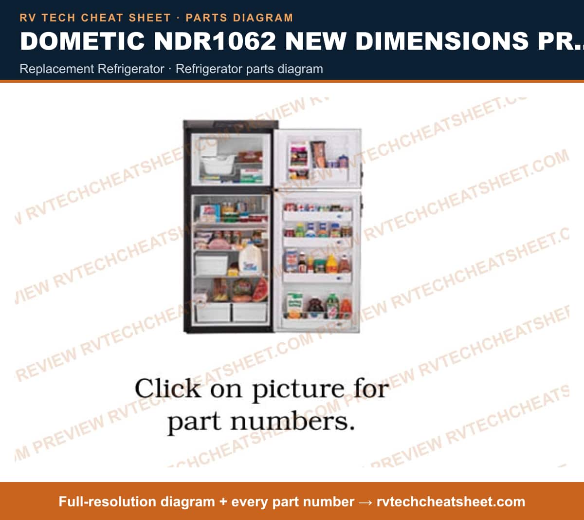 Dometic NDR1062 New Dimensions Product # 921146142 (black) replacement refrigerator — parts list sheet