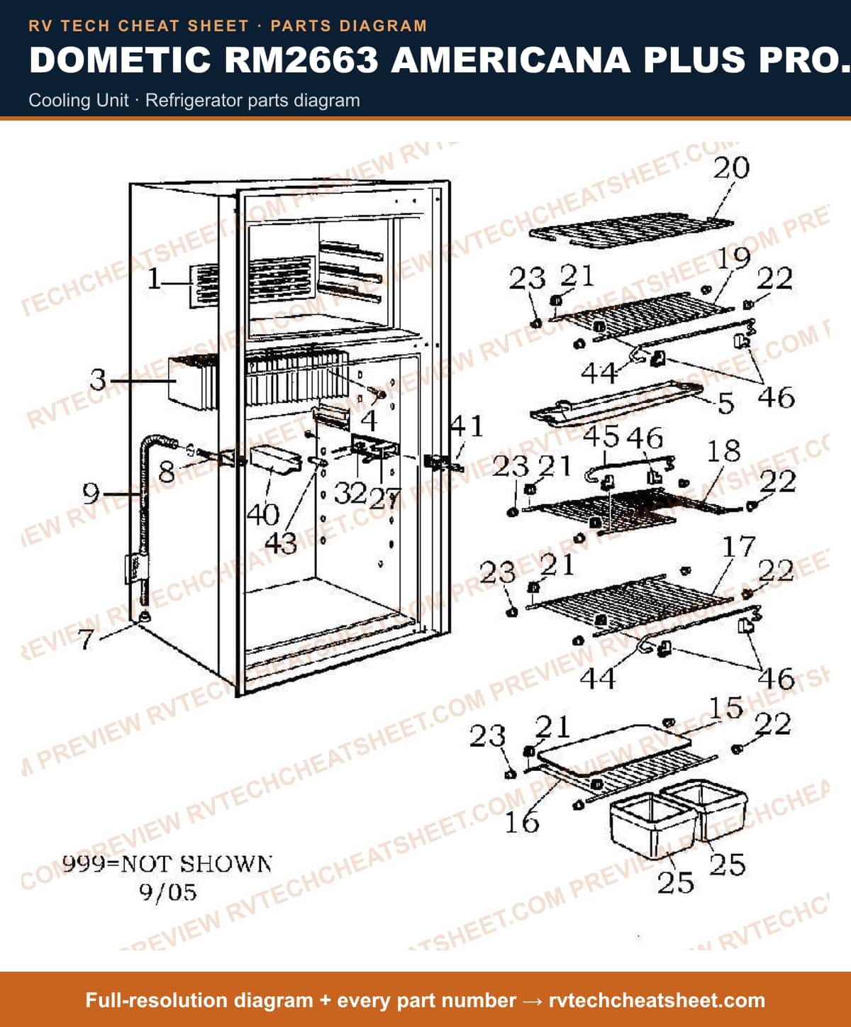 Dometic RM2663 Americana Plus Product # 921144135 Black cooling unit — parts list sheet