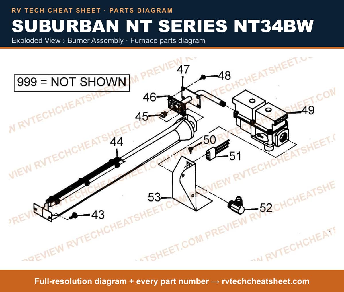 Suburban Nt Series NT34BW exploded view › burner assembly — exploded parts diagram 1 of 2