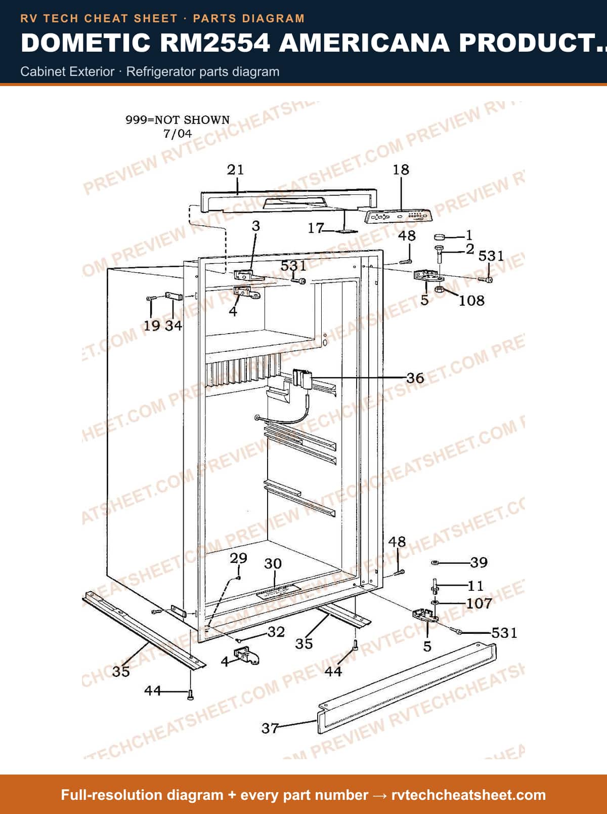 Dometic RM2554 Americana Product # 921142108 Black cabinet exterior — parts list sheet