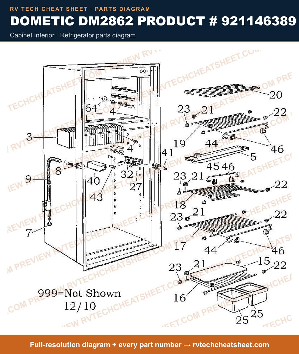Dometic DM2862 Product # 921146389 cabinet interior — parts list sheet