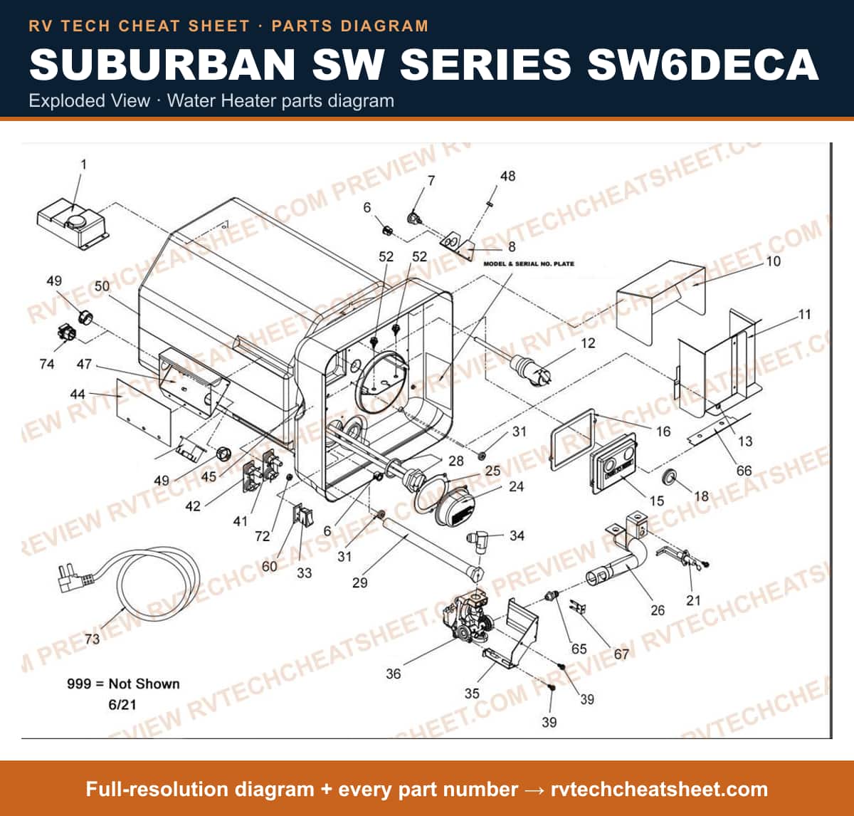Suburban Sw Series SW6DECA exploded view — parts list sheet