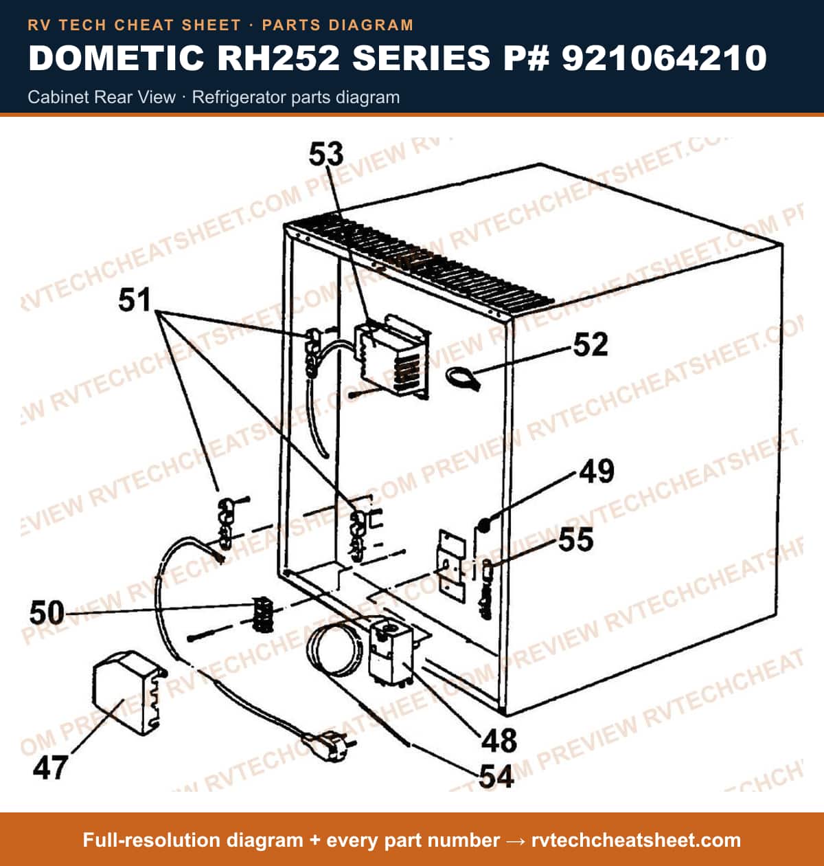 Dometic RH252 Series P# 921064210 cabinet rear view — parts list sheet