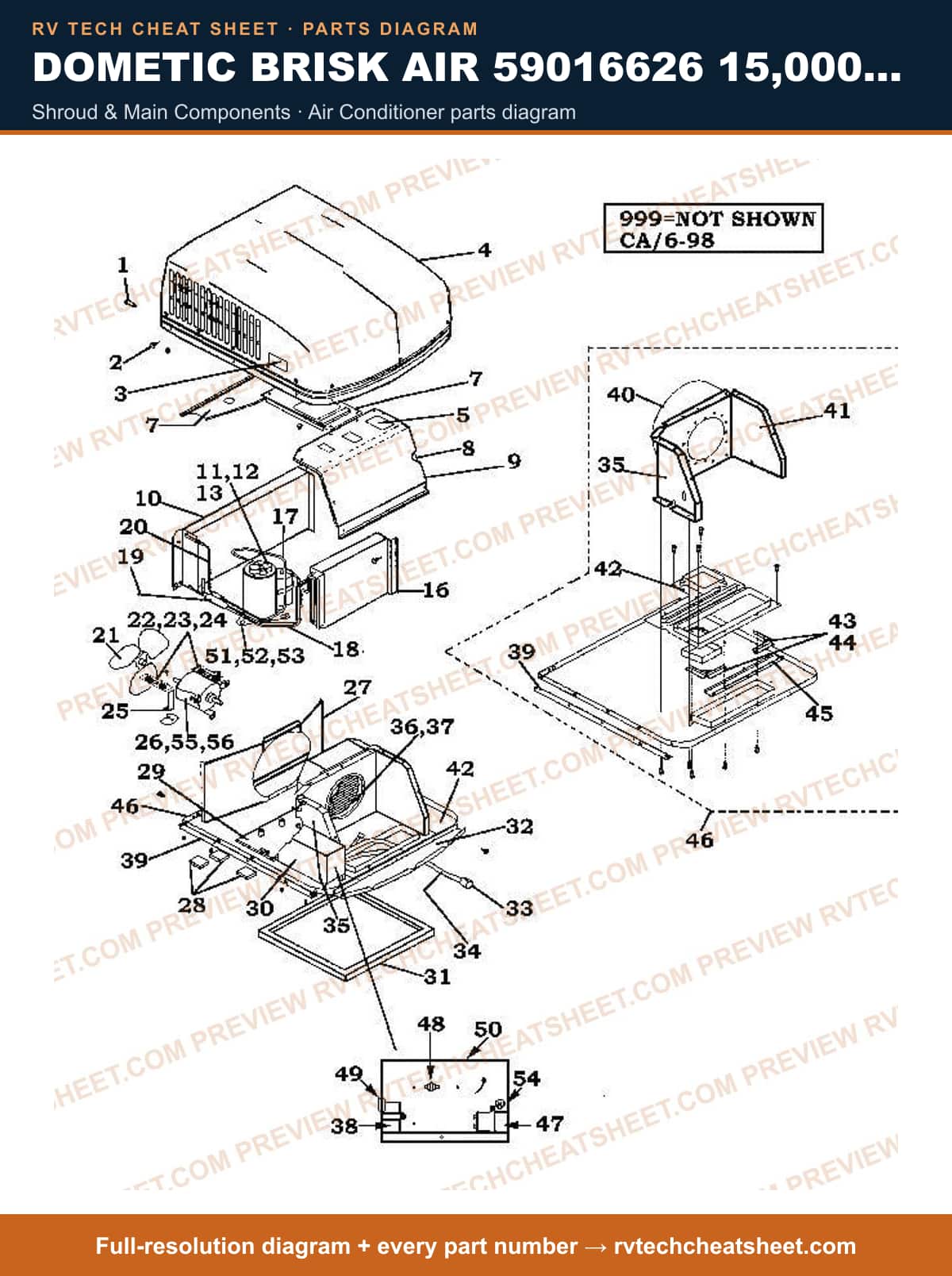 Dometic Brisk Air 59016626 15,000 BTU shroud & main components — exploded parts diagram