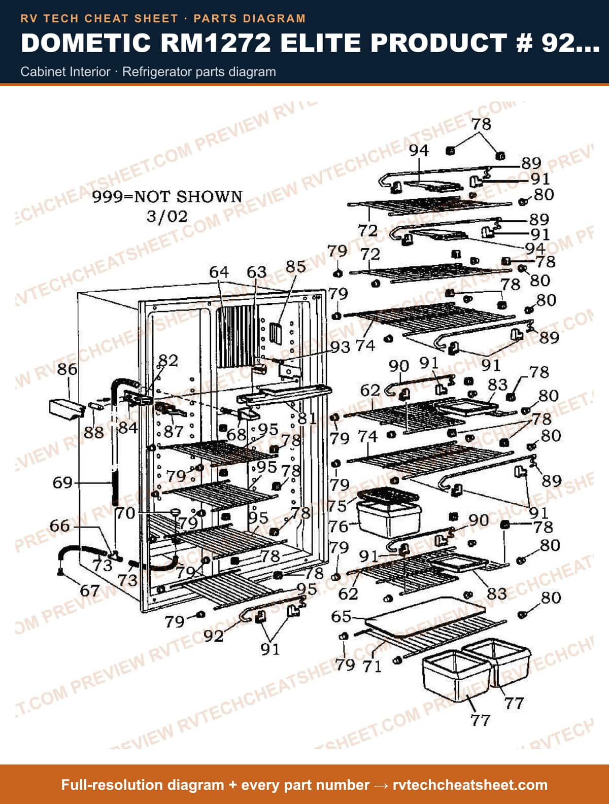 Dometic RM1272 Elite Product # 921148089 Black cabinet interior — parts list sheet
