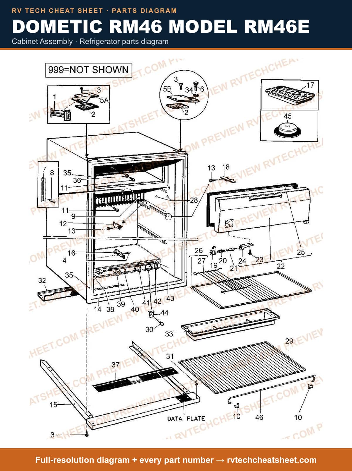 Dometic RM46 Model RM46E cabinet assembly — parts list sheet