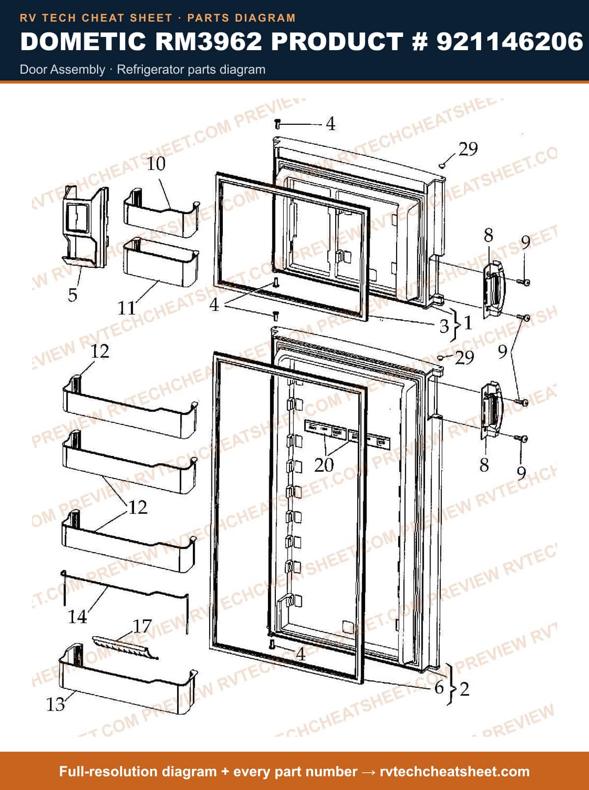 Dometic RM3962 Product # 921146206 door assembly — parts list sheet