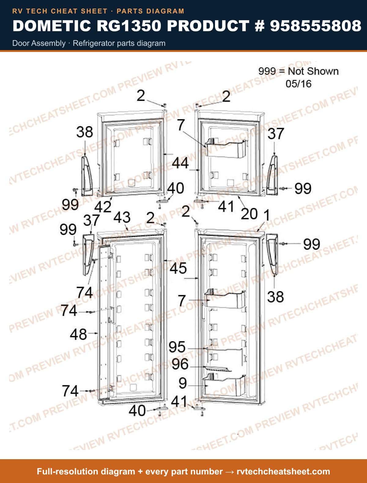Dometic RG1350 Product # 958555808 door assembly — exploded parts diagram
