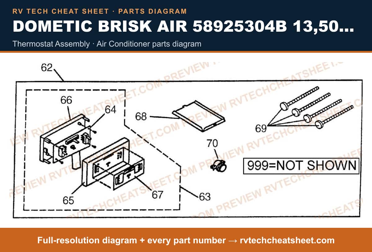 Dometic Brisk Air 58925304B 13,500 BTU thermostat assembly — parts list sheet