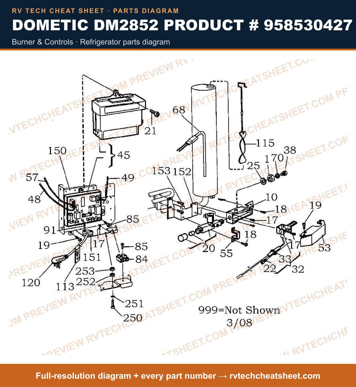 Dometic DM2852 Product # 958530427 burner & controls — parts list sheet