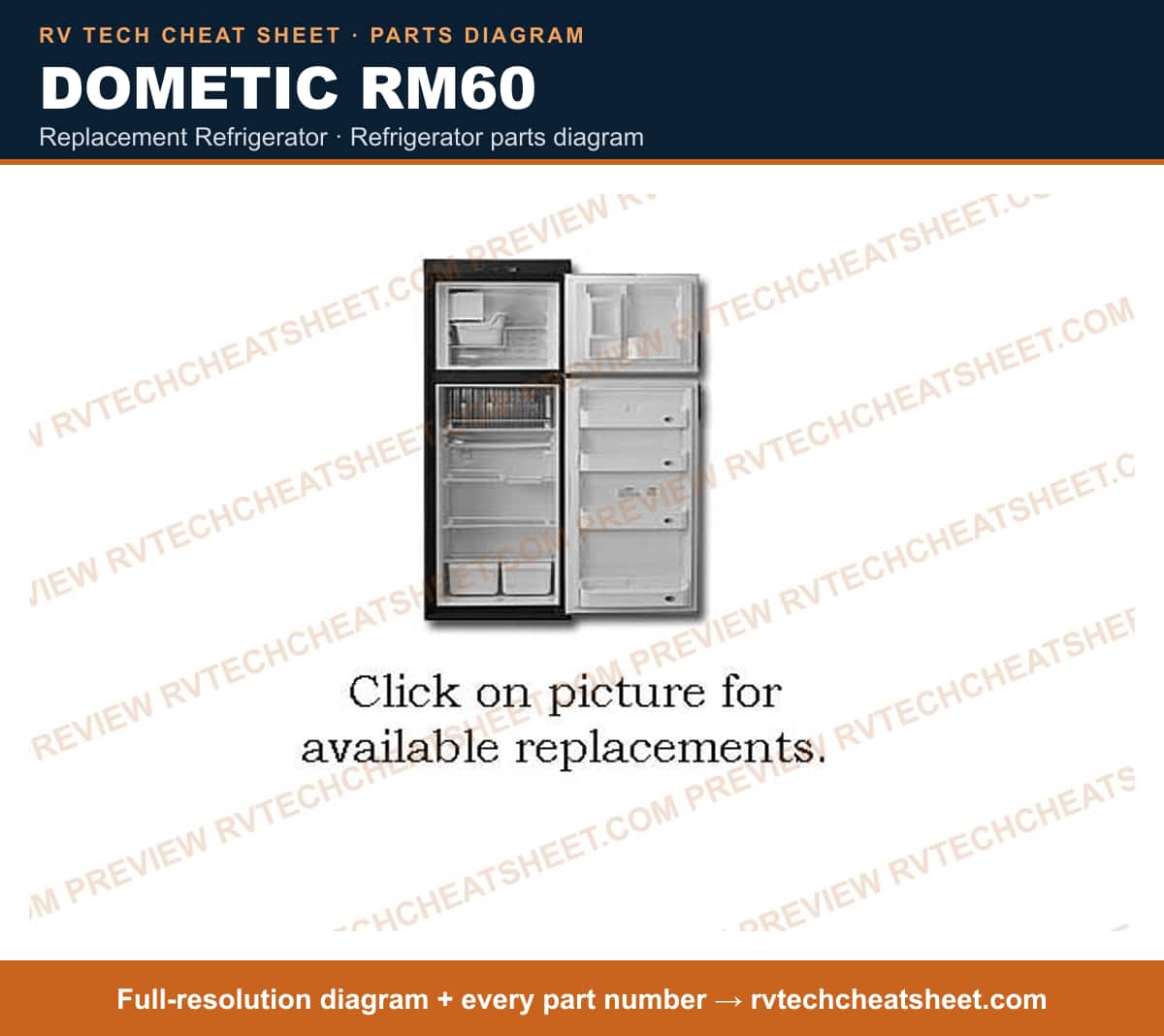 Dometic RM60 replacement refrigerator — parts list sheet