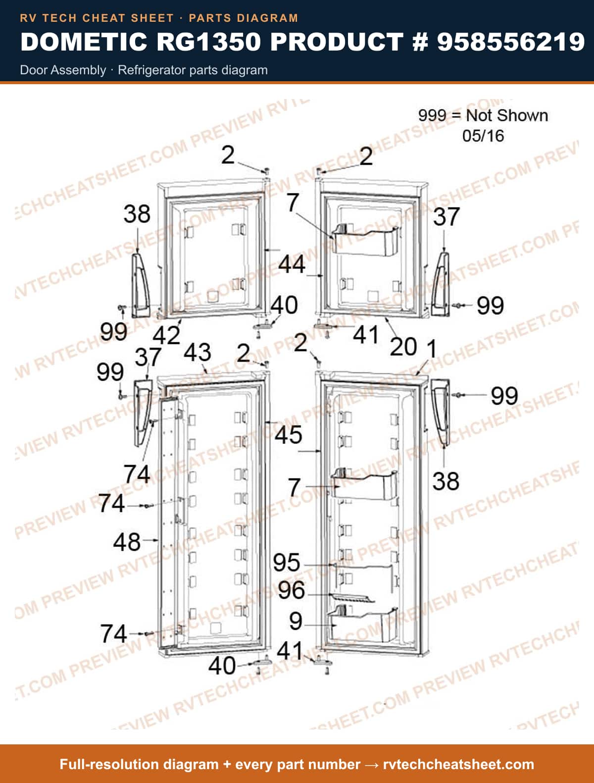 Dometic RG1350 Product # 958556219 door assembly — exploded parts diagram