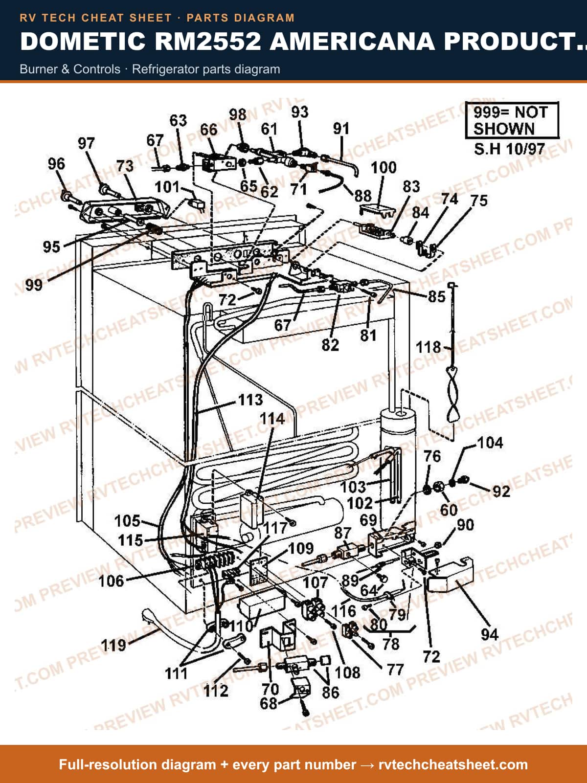 Dometic RM2552 Americana Product # 921142002 Lh Door burner & controls — parts list sheet