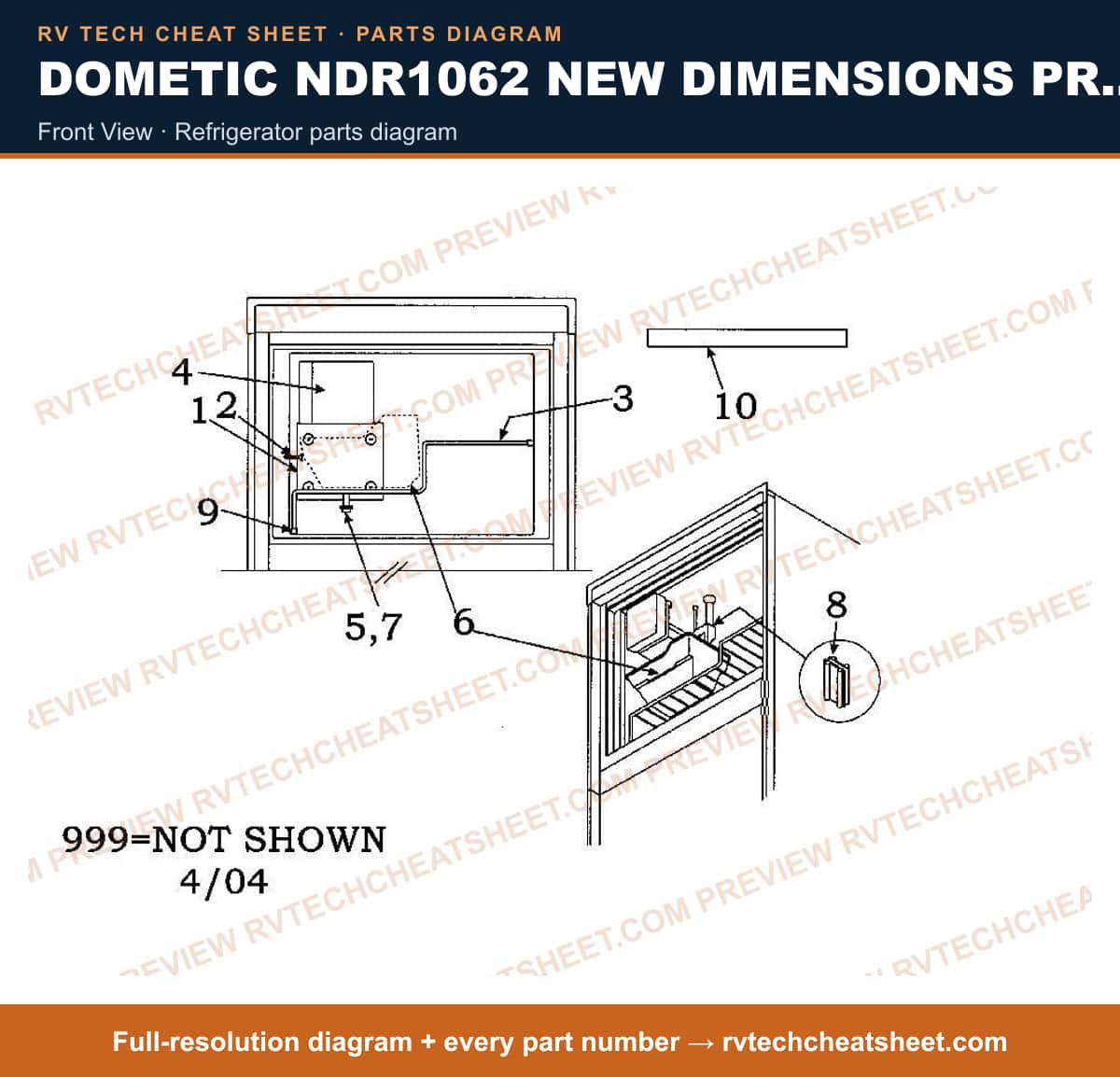 Dometic NDR1062 New Dimensions Product # 921146086 (black) front view — parts list sheet