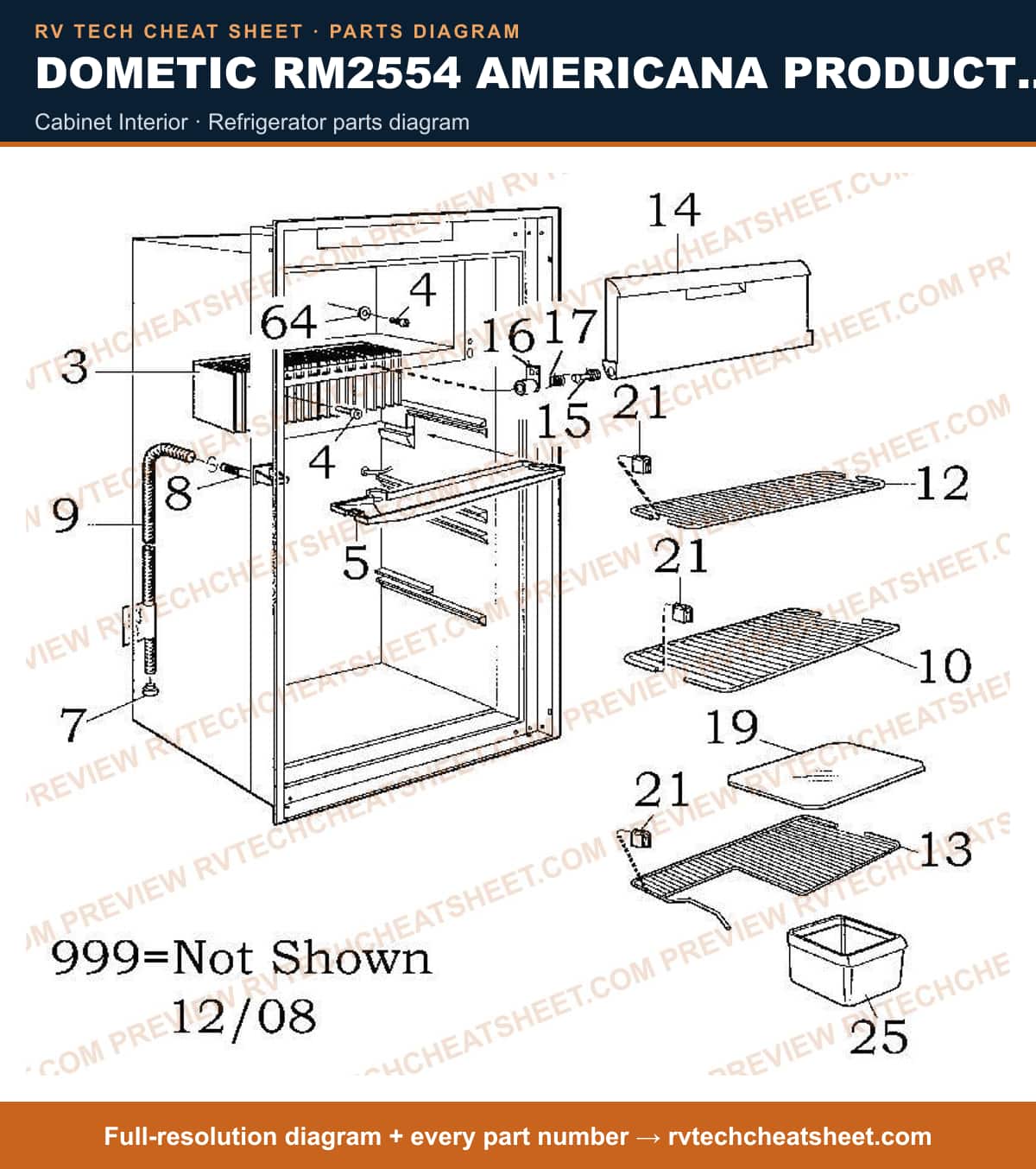 Dometic RM2554 Americana Product # 921142117 Black cabinet interior — parts list sheet