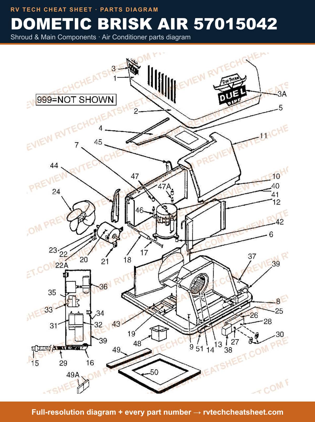 Dometic Brisk Air 57015042 shroud & main components — parts list sheet