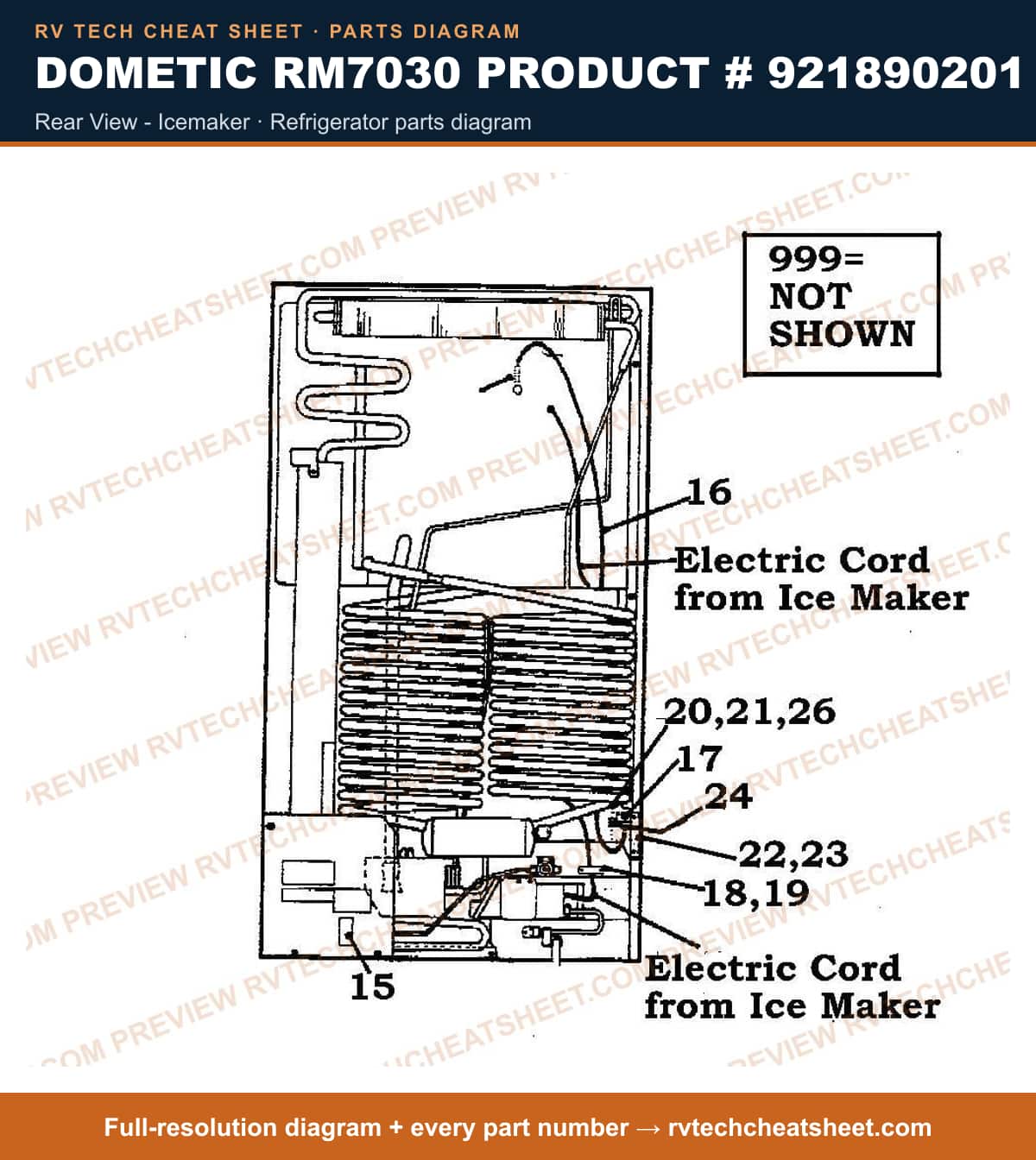 Dometic RM7030 Product # 921890201 rear view - icemaker — parts list sheet