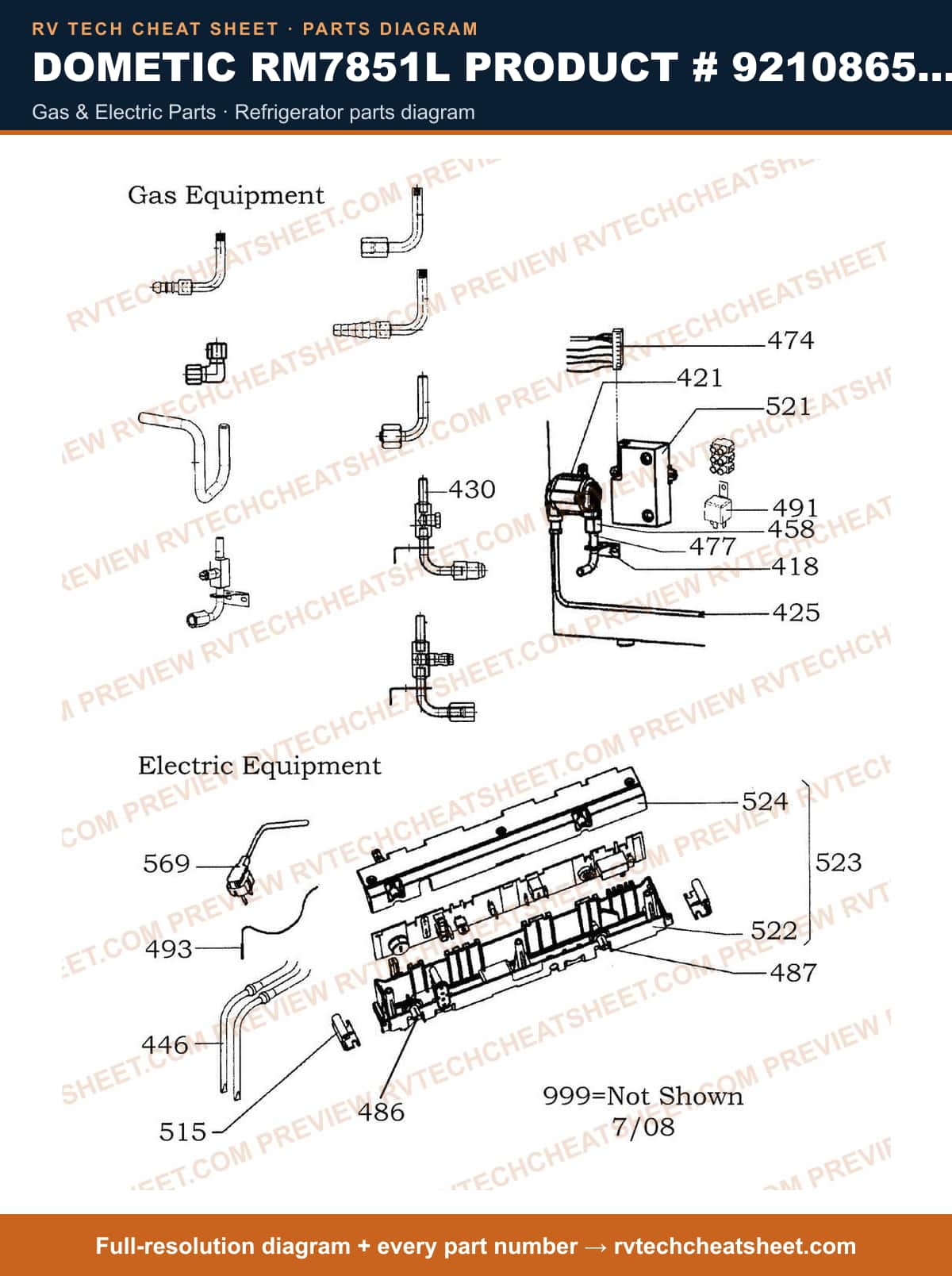 Dometic RM7851L Product # 921086558 Grey gas & electric parts — parts list sheet